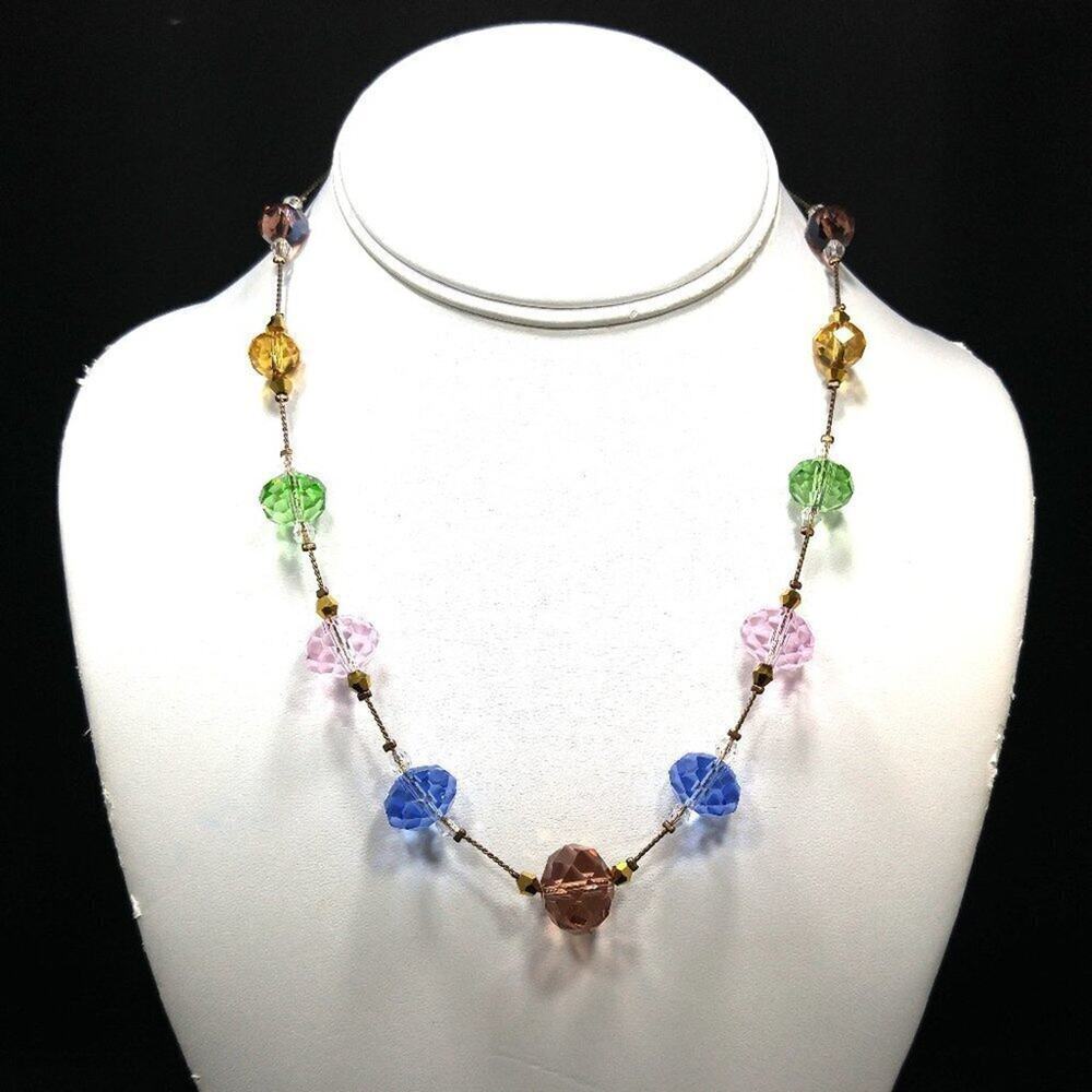 Multicolored Crystal Beaded Necklace, Strung on Wire, Graduated Beads, 21 Inches